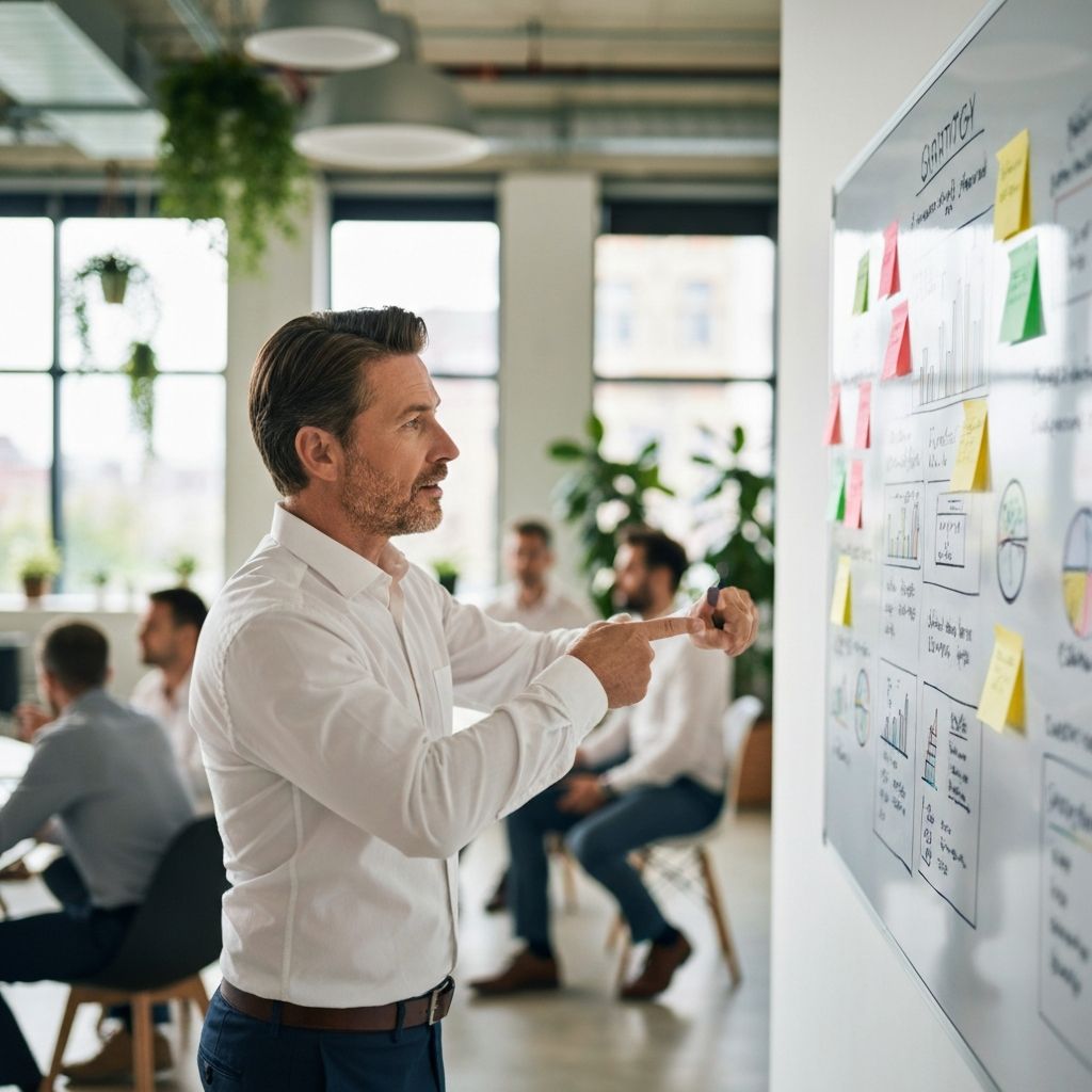 Entrepreneur reviewing a strategic roadmap on whiteboard